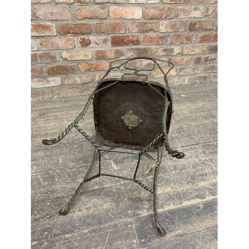 1188 - Antique French iron garden chair with twisted wirework frame, the seat with historic repair, H 89cm