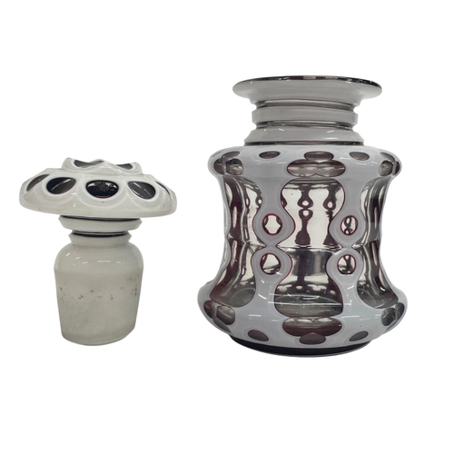 400 - Moser Bohemian cut glass amethyst and white overlay perfume bottle with stopper, H 14cm