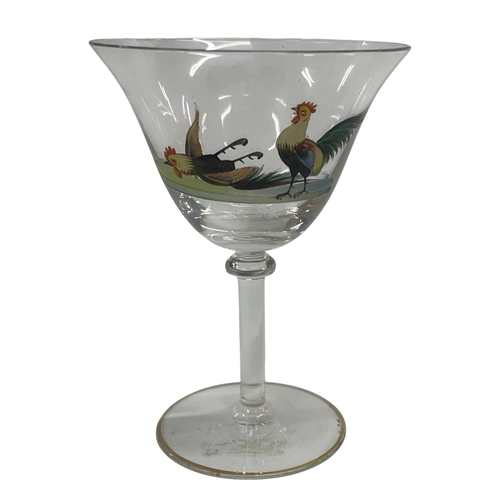 426 - Hand painted cockerel fighting drinking glass with gold trim base, H 11cm x D 8cm