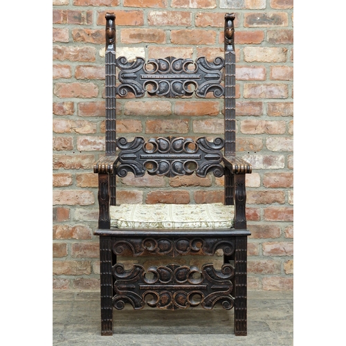 1170 - 19th century carved oak throne chair with repeating scroll work decoration, H 140cm x W 65cm x D 65c... 