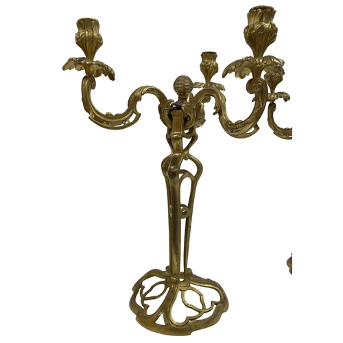 1095 - Pair of French Art Nouveau style brass three-branch candelabra, marked 'G. Vien Made in France', wit... 