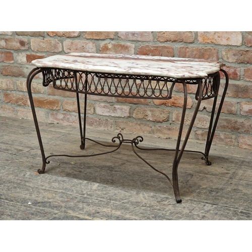 1218 - French wrought iron console table with marble top and scrolled detail, H 51cm x W 77cm x D 51cm