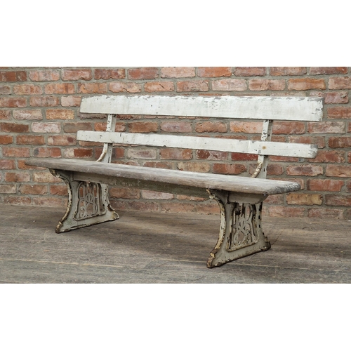 1221 - Vintage Midlands iron railway bench with planked seat and back, H 80cm x W 183cm x D 49cm