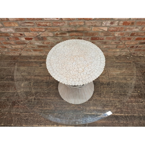 1222 - Contemporary painted rattan centre table with bevelled glass top, H 72cm x 122cm diameter