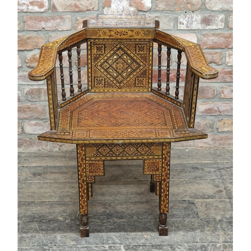 1231 - 20th century walnut parquetry Damascus chair, 87cm x W 64cm x D 47cm