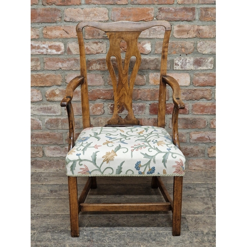 1232 - Georgian fruitwood and elm Chippendale style armchair with upholstered seat, H 93cm x W 56cm x D 45c... 