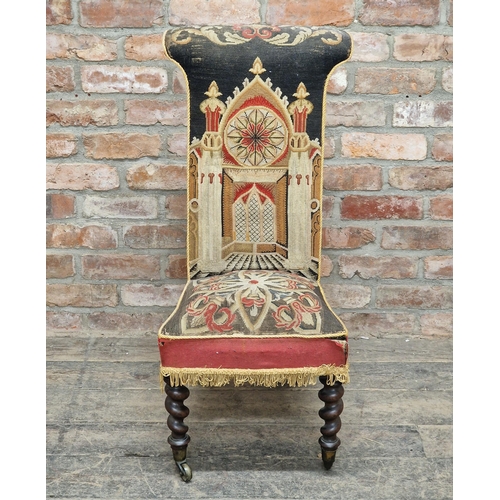 1240 - Victorian prayer chair with needlepoint upholstery, raised on barley twist forelegs and brass castor... 