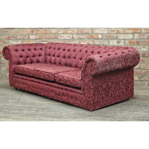 1245 - Three seat chesterfield sofa with button back upholstery, H 66cm x W 190cm x D 85cm