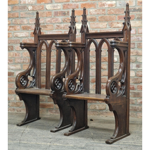 1247 - Pair of Victorian Gothic oak armchairs with pierced detail, H 142cm x W 57cm x D 40cm