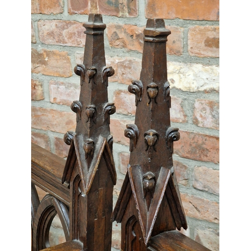 1247 - Pair of Victorian Gothic oak armchairs with pierced detail, H 142cm x W 57cm x D 40cm