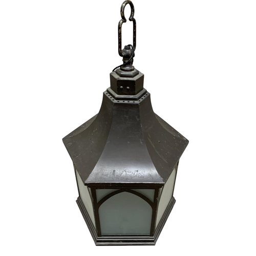 1123 - Large contemporary hexagonal painted metal hall lantern, with alternating frosted and textured glass... 