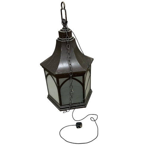 1123 - Large contemporary hexagonal painted metal hall lantern, with alternating frosted and textured glass... 