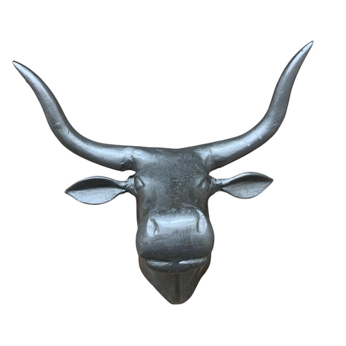 1443 - Aluminium wall mounting horned cows head, H 40cm x W 40cm