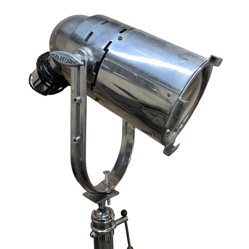 1070 - Large 'Century' chrome theatre spotlight held atop sturdy tripod base, H 180cm