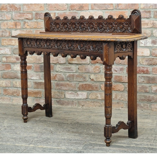 1254 - Victorian carved oak side table with raised back, H 100cm x W 118cm x D 38cm