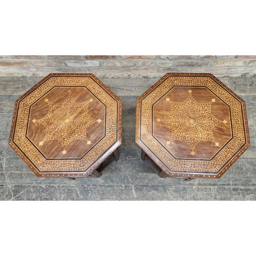 1258 - Pair of 20th century inlaid Hoshairpur tables, H 52cm x 51cm diameter (2)