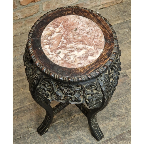 1259 - 19th century Chinese hardwood stand with pierced detail and inset marble top, H 61cm x W 44cm