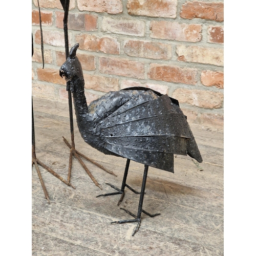 1266 - Vintage painted iron crane sculpture, H 132cm x W 26cm x D 72cm, together with a similar smaller bir... 