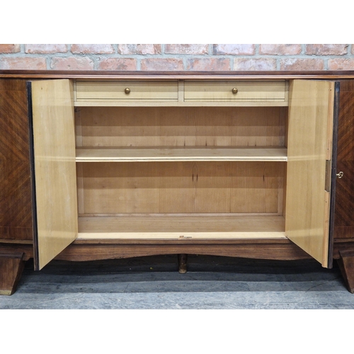 1270 - Mid century French marquetry sideboard with four cupboard doors, raised on square tapered feet, H 10... 