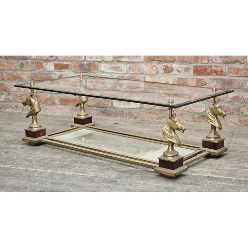 1271 - 20th century Maison Charles style brass and glass coffee table with horse head supports, H 39cm x W ... 