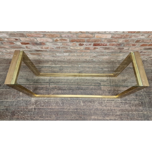 1272 - Mid century brass console table with inset glass top, H 73cm x W 140cm x D 40cm