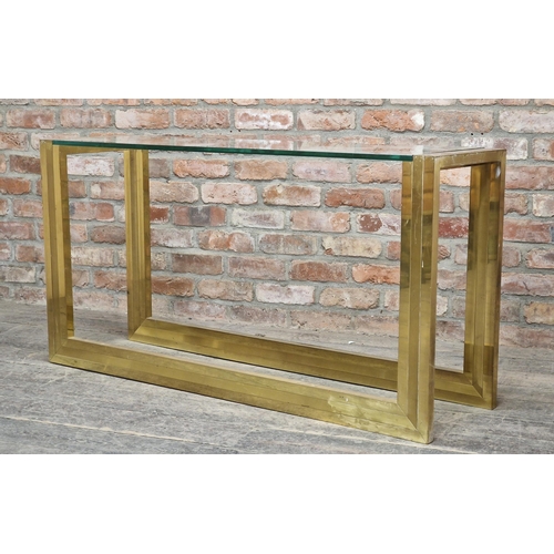 1272 - Mid century brass console table with inset glass top, H 73cm x W 140cm x D 40cm