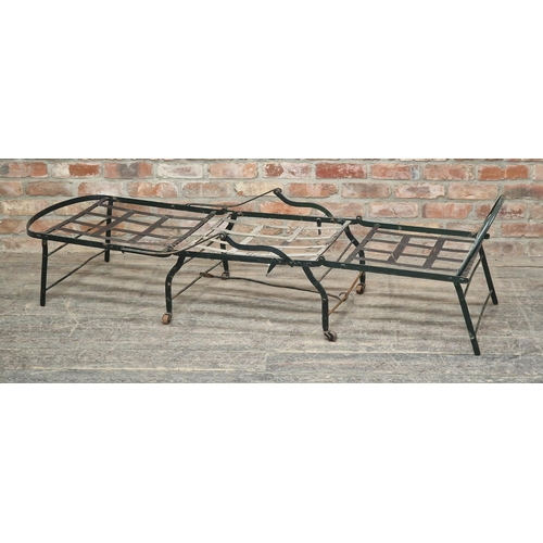 1280 - 19th century iron strapwork folding campaign day bed, H 100cm x W 190cm