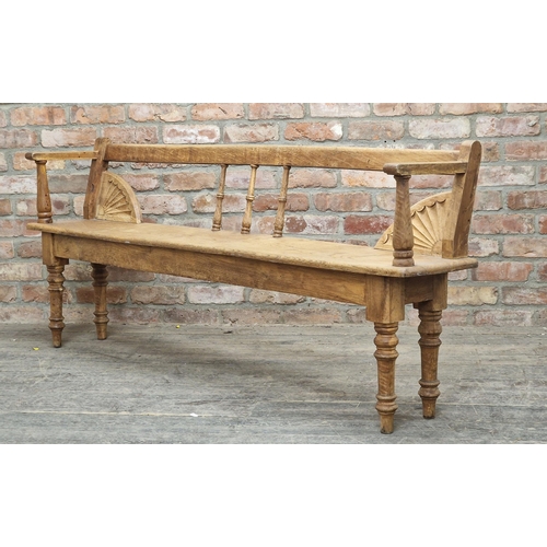 1291 - Antique oak bench with carved fan detail, raised on turned supports, H 75cm x W 184cm x D 31cm