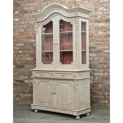 1292 - Victorian painted pine two sectional bookcase with carved detail and fluted pilasters, H 208cm x W 1... 