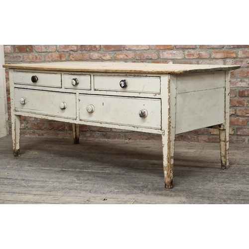 1294 - 19th century painted farmhouse kitchen table fitted with five drawers and stripped top, 78cm x 188cm... 