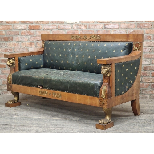 1295 - Exceptional French Napoleonic walnut sofa, the studded leather upholstery with tooled gilt bee decor... 