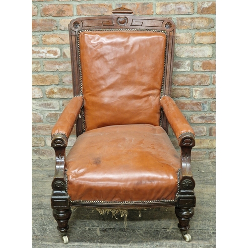 1296 - 19th century mahogany library chair with studded leather upholstery and turned forelegs, raised on c... 