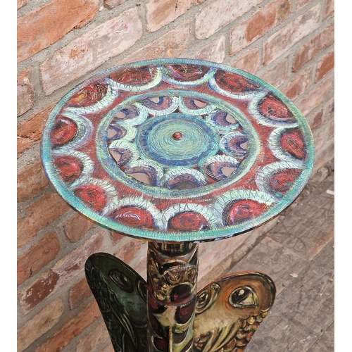 1302 - 20th century tripod table with colourful hand painted decoration and supports in the form of fish, H... 