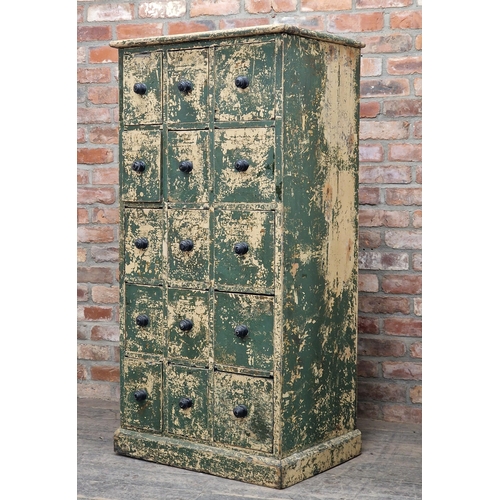 1309 - Antique bank of fifteen index drawers with distressed paintwork, H 150cm x W 75cm x D 54cm