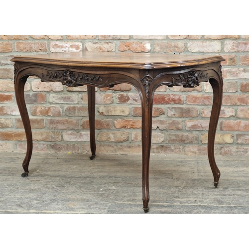 1311 - 19th century French walnut table with single drawer raised on cabriole supports, H 73cm x W 45cm x D... 