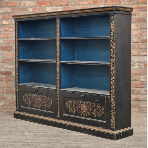 1312 - 19th century ebonised bookcase with gilt Chinoiserie detail fitted with four shelves and two cupboar... 