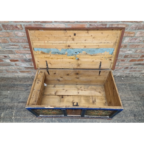 1314 - 19th century German painted pine blanket box with hinged lid, H 45cm x W 112cm x D 54cm