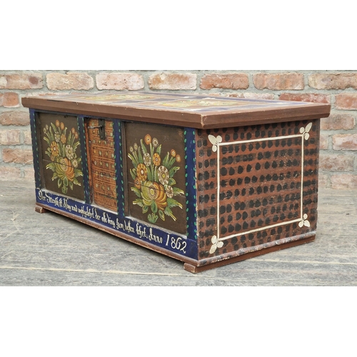 1314 - 19th century German painted pine blanket box with hinged lid, H 45cm x W 112cm x D 54cm