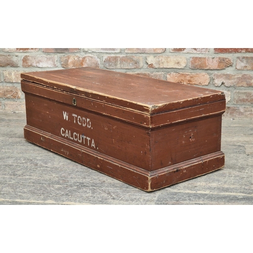 1316 - 20th century pine tool chest stamped 'W TODD CALCUTTA', H 33cm x W 93cm x D 39cm