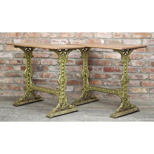 1320 - Pair of 19th century cast iron tables with wooden tops by Gaskell & Chambers Birmingham, H 75cm x W ... 