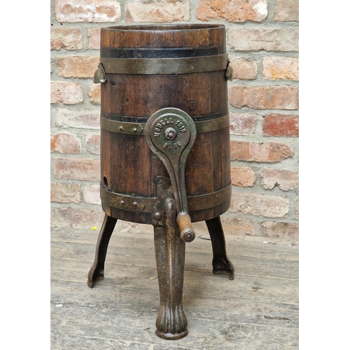 1326 - Antique coopered oak butter churn, raised on cast iron supports, H 75cm x W 32cm