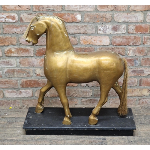 1327 - 19th century gilt wood horse statue raised on an ebonised plinth, H 88cm x W 81cm x D 30cm