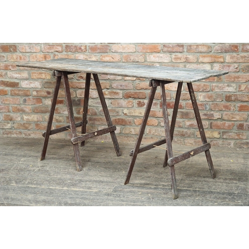 1328 - Vintage folding wooden trestle table with planked top, H 86m x W 183cm x D 55cm