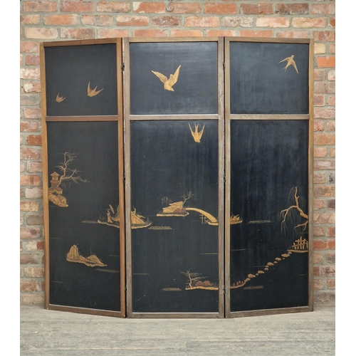 1330 - Victorian three fold screen with Chinoiserie detail, H 175cm x W 183cm