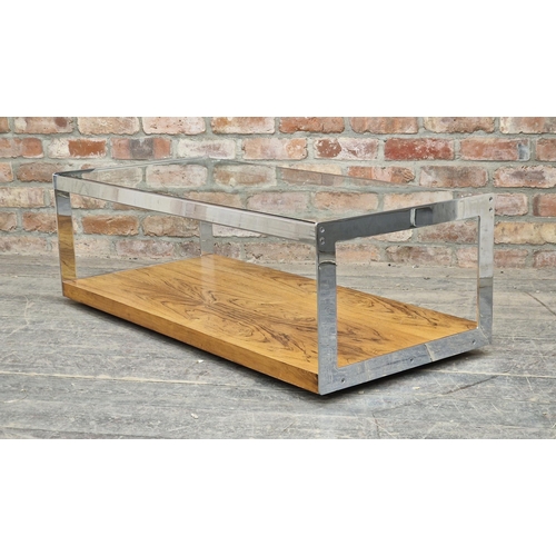 1338 - Merrow Associates - Rosewood and chrome coffee table with glass top, H 40cm x W 122cm x D 55cm