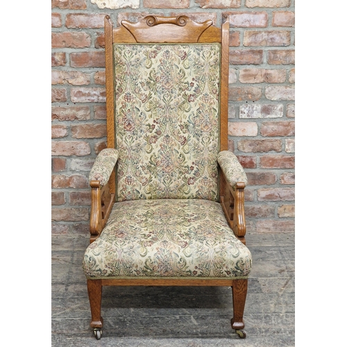 1350 - Arts and Crafts carved oak armchair with upholstered seat and back, H 118cm x W 65cm x D 67cm