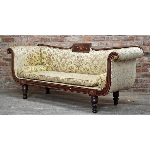 1351 - Regency mahogany and satinwood inlaid scroll end sofa with loose cushions, raised on turned supports... 