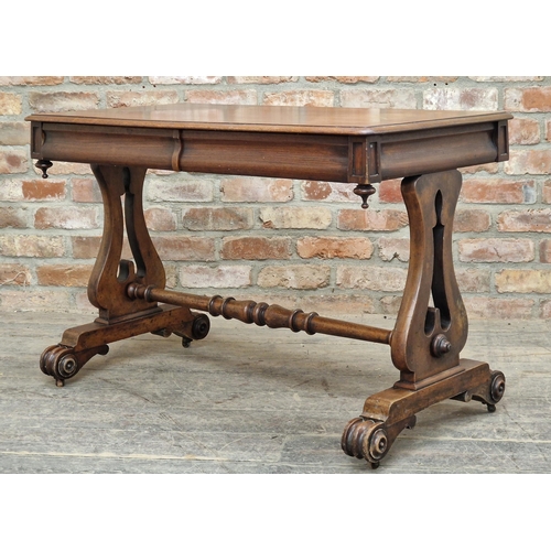 1353 - Regency mahogany writing table with two drawers and lyre shaped ends, H 69cm x W 104cm x D 56cm