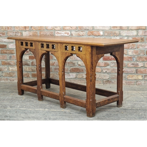 1355 - Antique Liberty of London ecclesiastical gothic oak side table with pierced quatrefoil detail, H 75c... 