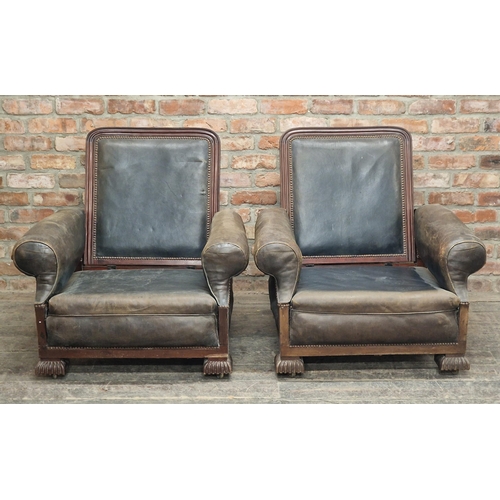 1361 - Pair of antique reclining armchairs with studded leather upholstery, H 87cm x W 90cm x D 94cm (2)